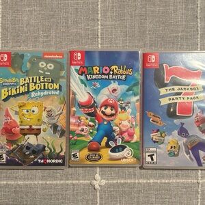 3 Nintendo switch games. Mario and rabbids, SpongeBob bikini bottom, jackbox